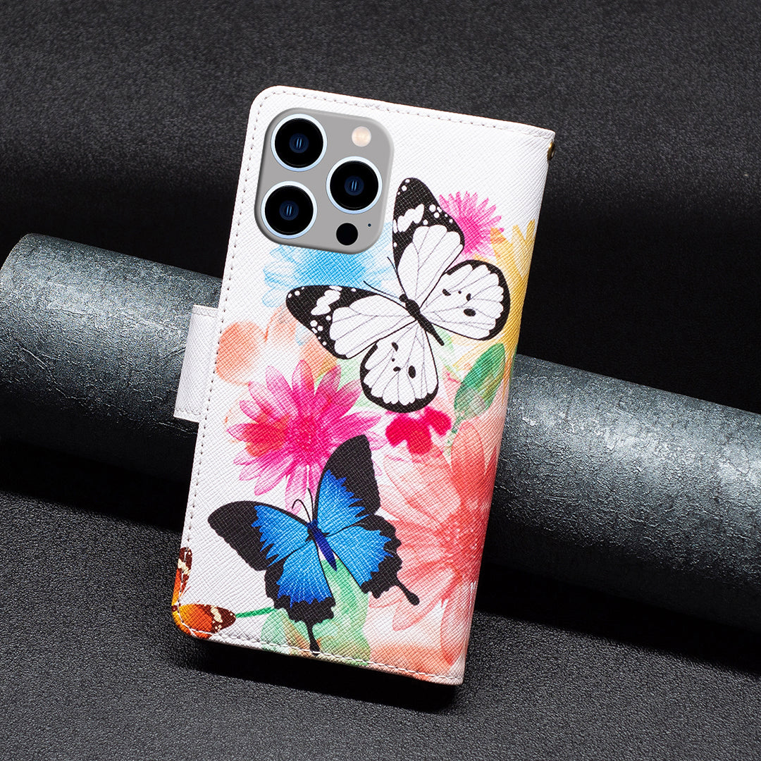 BF03 Zipper Pocket Phone Cover for iPhone 15 Pro Max , Pattern Printing Stand PU Leather Wallet Case - Two Butterflies BF03 Zipper Pocket Phone Cover for iPhone 15 Pro Max , Pattern Printing Stand PU Leather Wallet Case - Two Butterflies